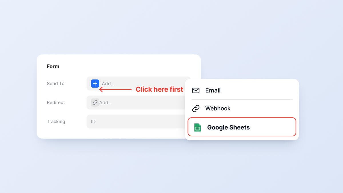 Framer form inspector with the Send To dropdown open, showing Email, Webhook, and Google Sheets options. Google Sheets is highlighted
