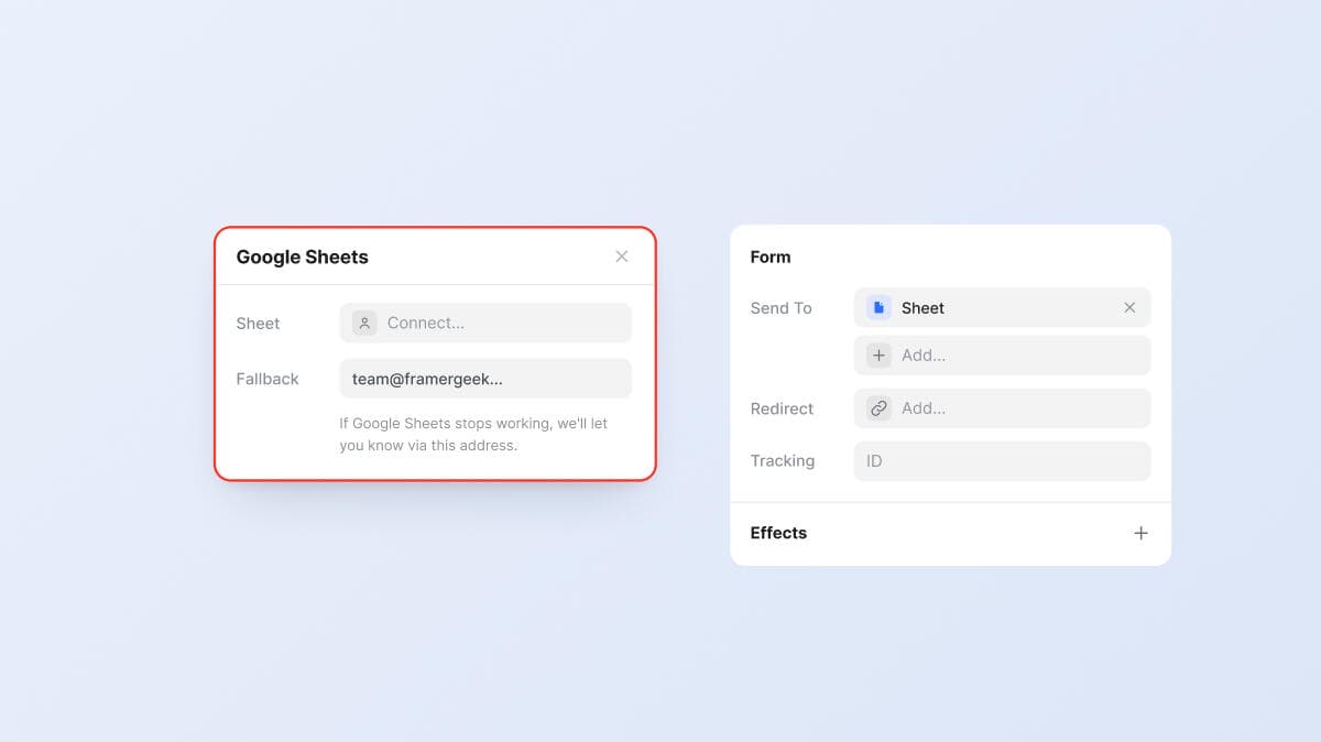 Framer's Google Sheets connect panel on the left, with the form inspector on the right showing Send To: Sheet populated