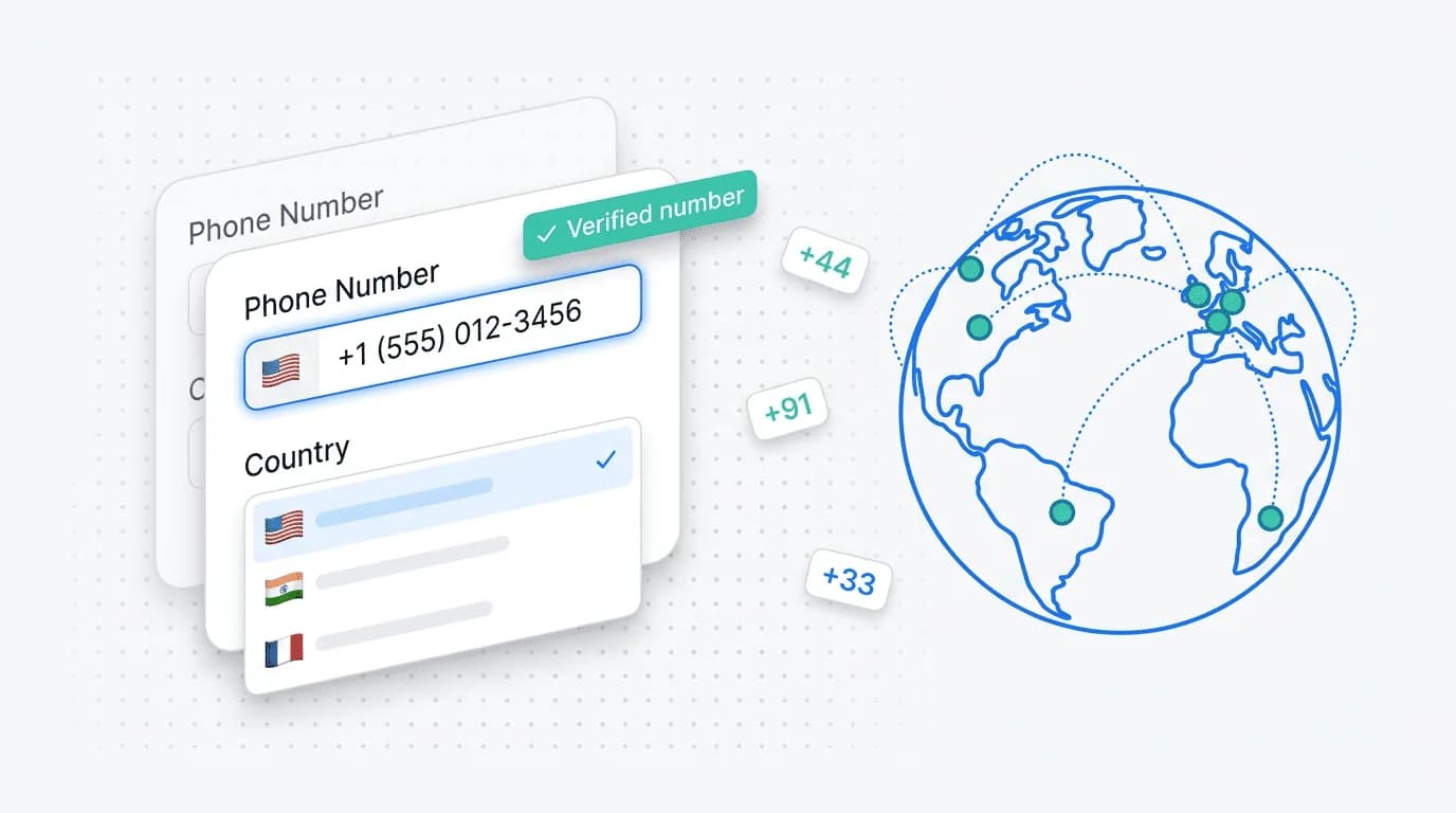 Smart Phone field with country flag and dial code pre-filled, alongside the Smart Country Dropdown with search open