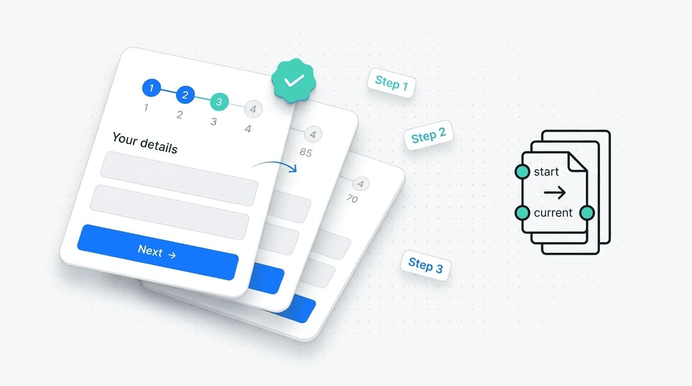 Framer canvas showing a 3-step PageFlow form with engine, progress bar, step indicator, and nav buttons