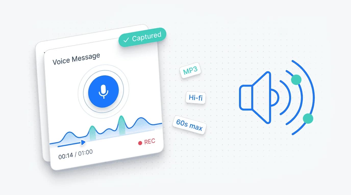 Voice recording field in a Framer form showing an active recording with waveform and timer