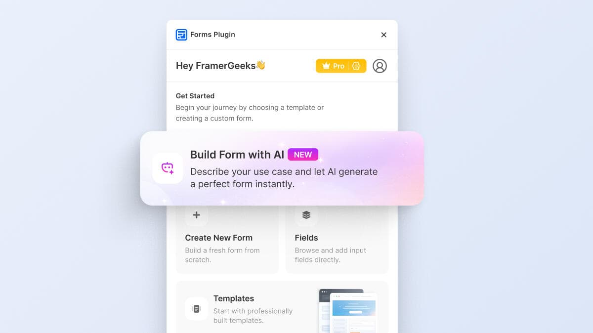 The Build Form with AI entry point in the Forms Plugin home screen Forms Plugin home screen with the Build Form with AI entry point highlighted