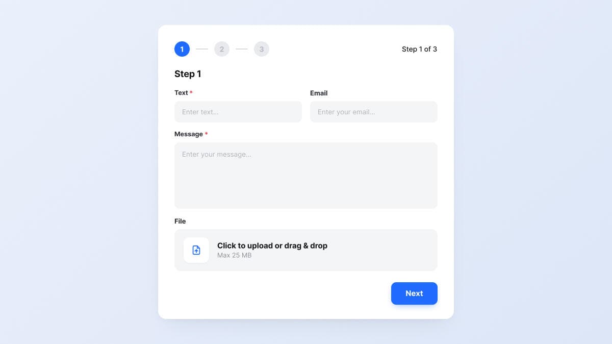 A multi-step form built with Forms Plugin on the Framer canvas A multi-step Framer form built with Forms Plugin, showing Step 1 of 3 with text, email, message, and file upload fields